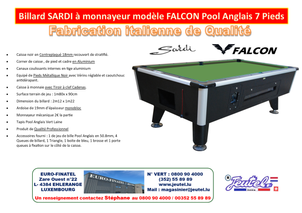 Billard SARDI FALCON Pool 7 pieds Anglais à monnayeur – Image 2